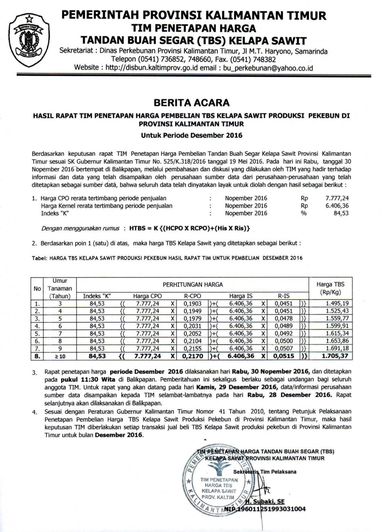 Informasi Harga TBS Kelapa Sawit Bulan Desember 2016