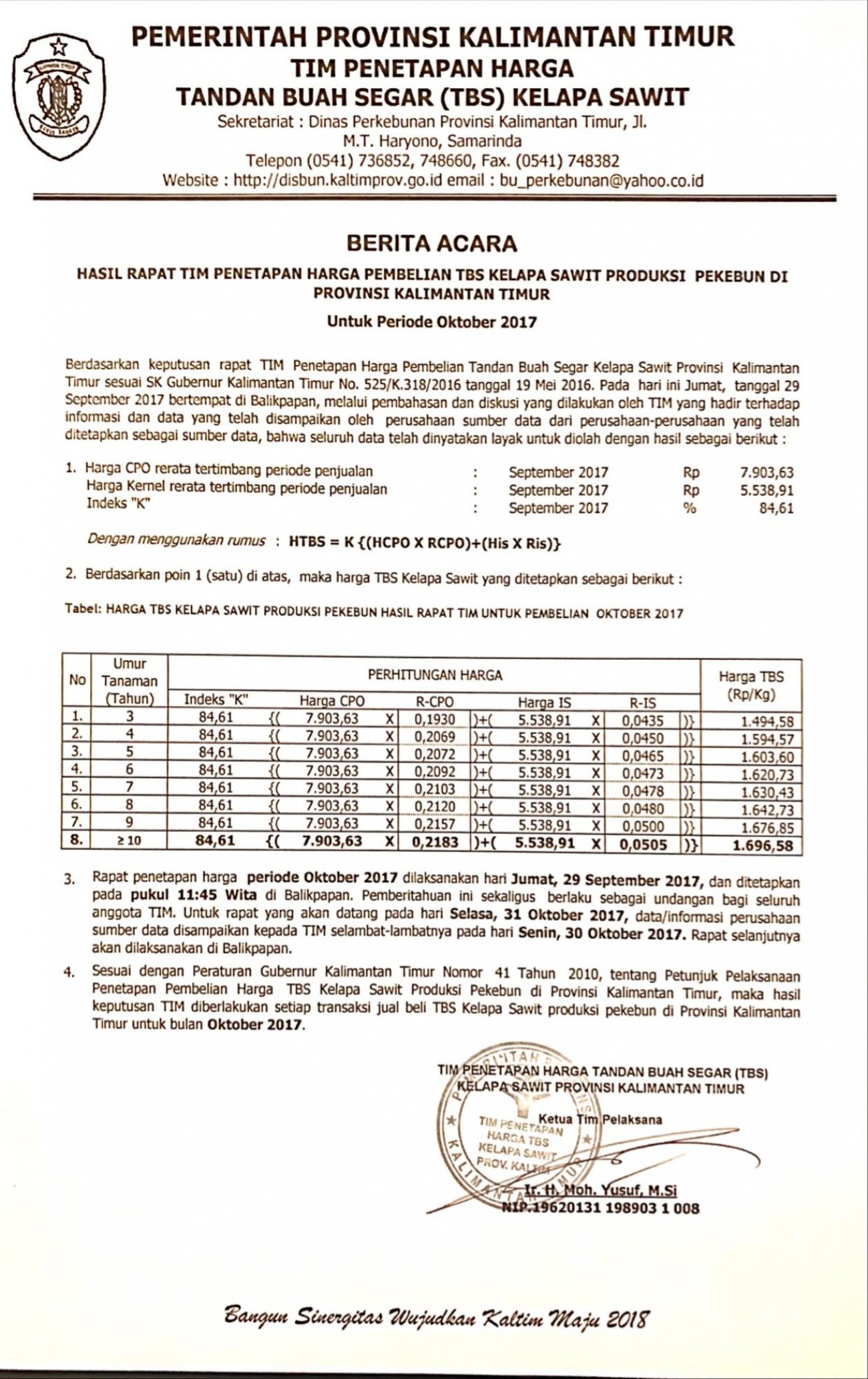 Informasi Harga TBS Kelapa Sawit Bulan Oktober 2017