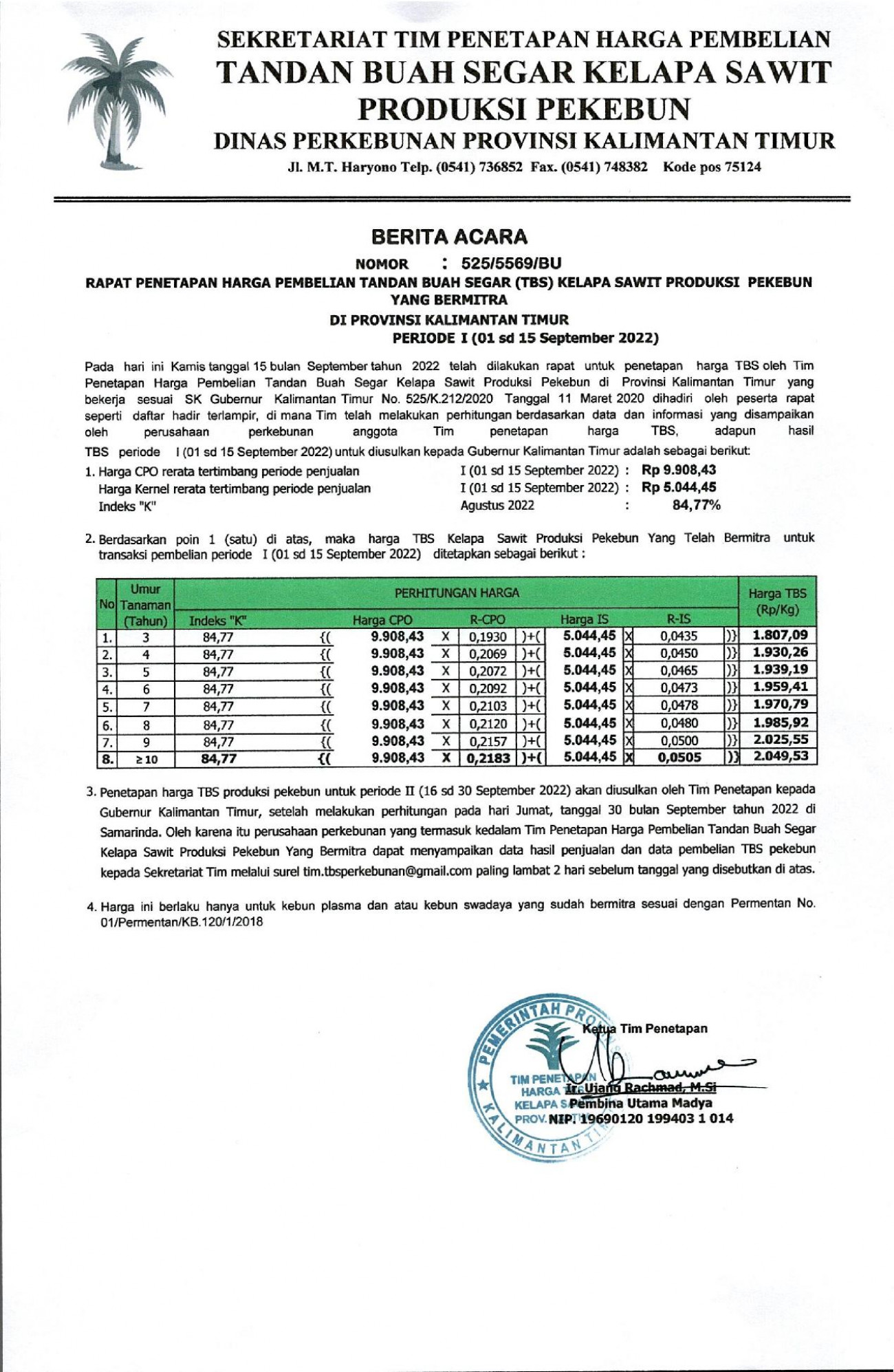 Informasi Harga TBS Kelapa Sawit bagi Pekebun Bermitra Periode 1 - 15 September 2022