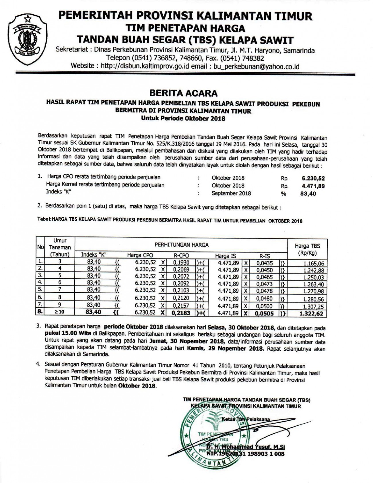 Informasi Harga TBS Kelapa Sawit Bulan Oktober 2018