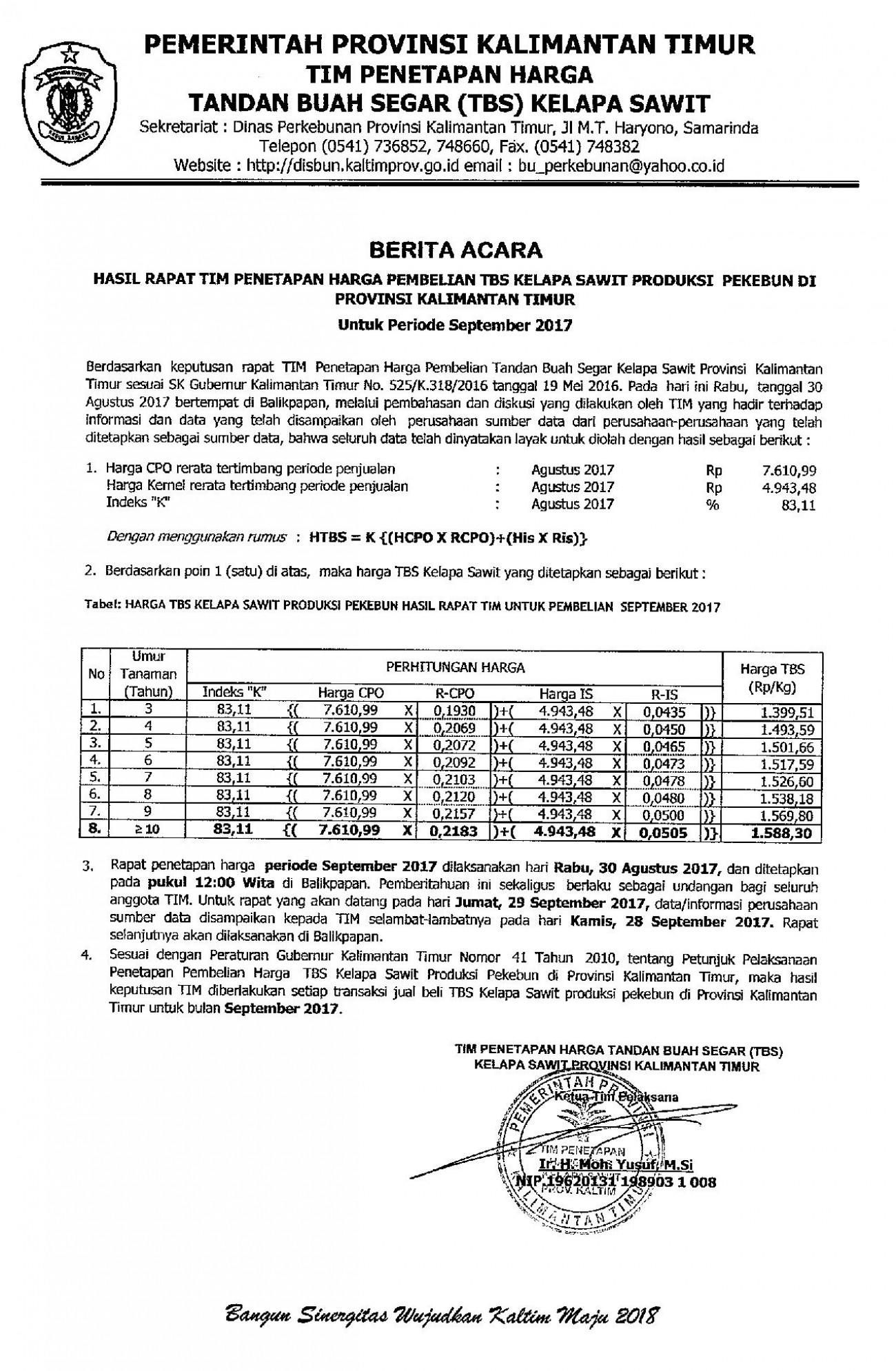 Informasi Harga TBS Kelapa Sawit Bulan September 2017