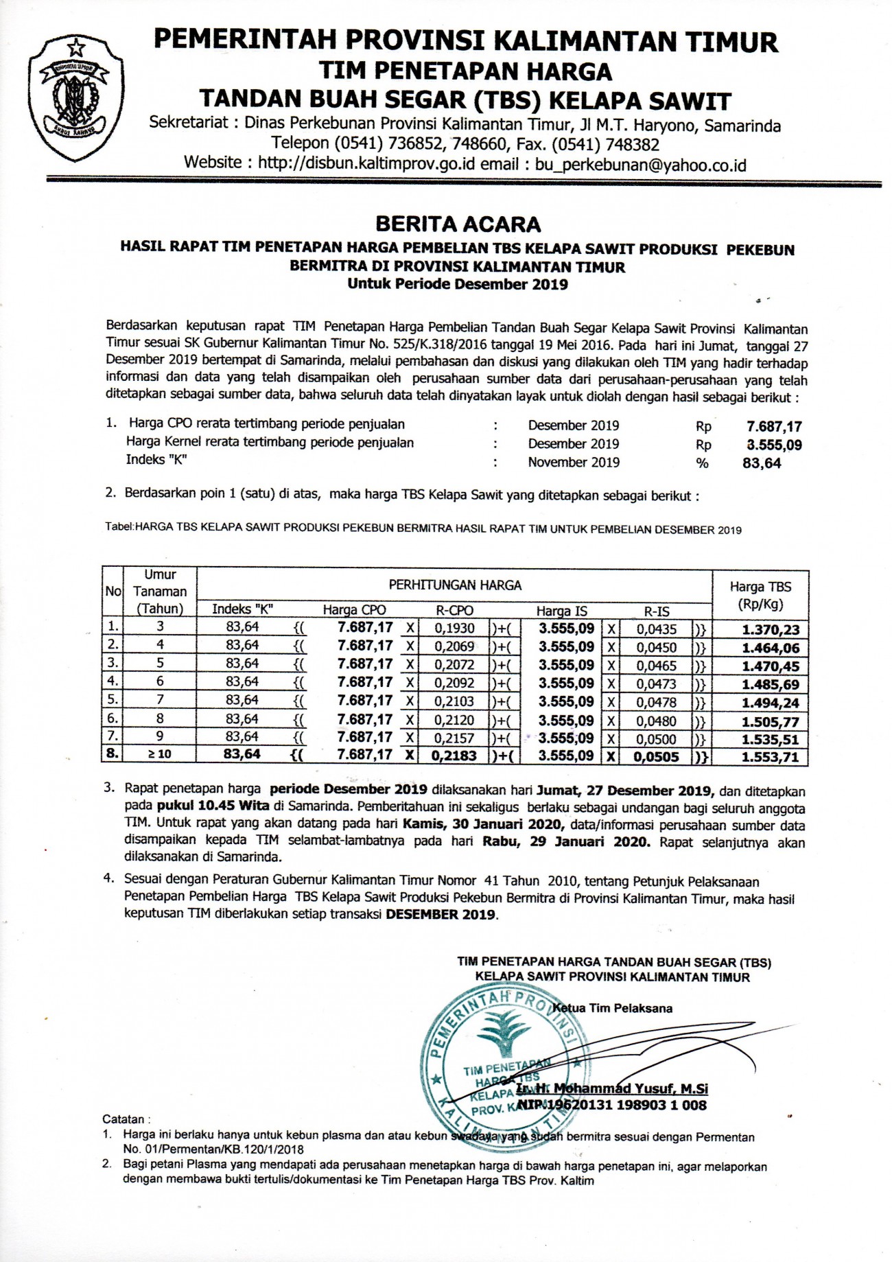 Informasi Harga TBS Kelapa Sawit Bagi Pekebun Bermitra Bulan Desember 2019