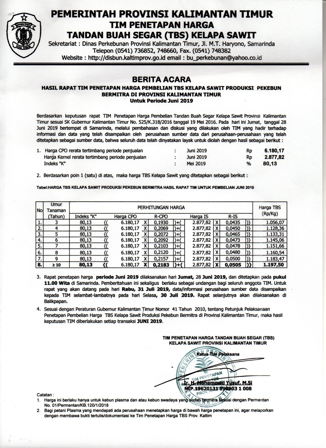 Informasi Harga TBS Kelapa Sawit Bagi Pekebun Bermitra Bulan Juni 2019