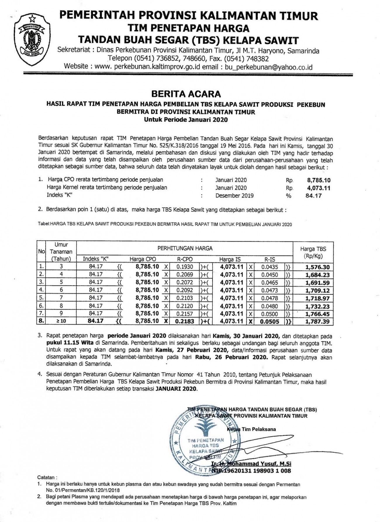 Informasi Harga TBS Kelapa Sawit Bagi Pekebun Bermitra Bulan Januari 2020