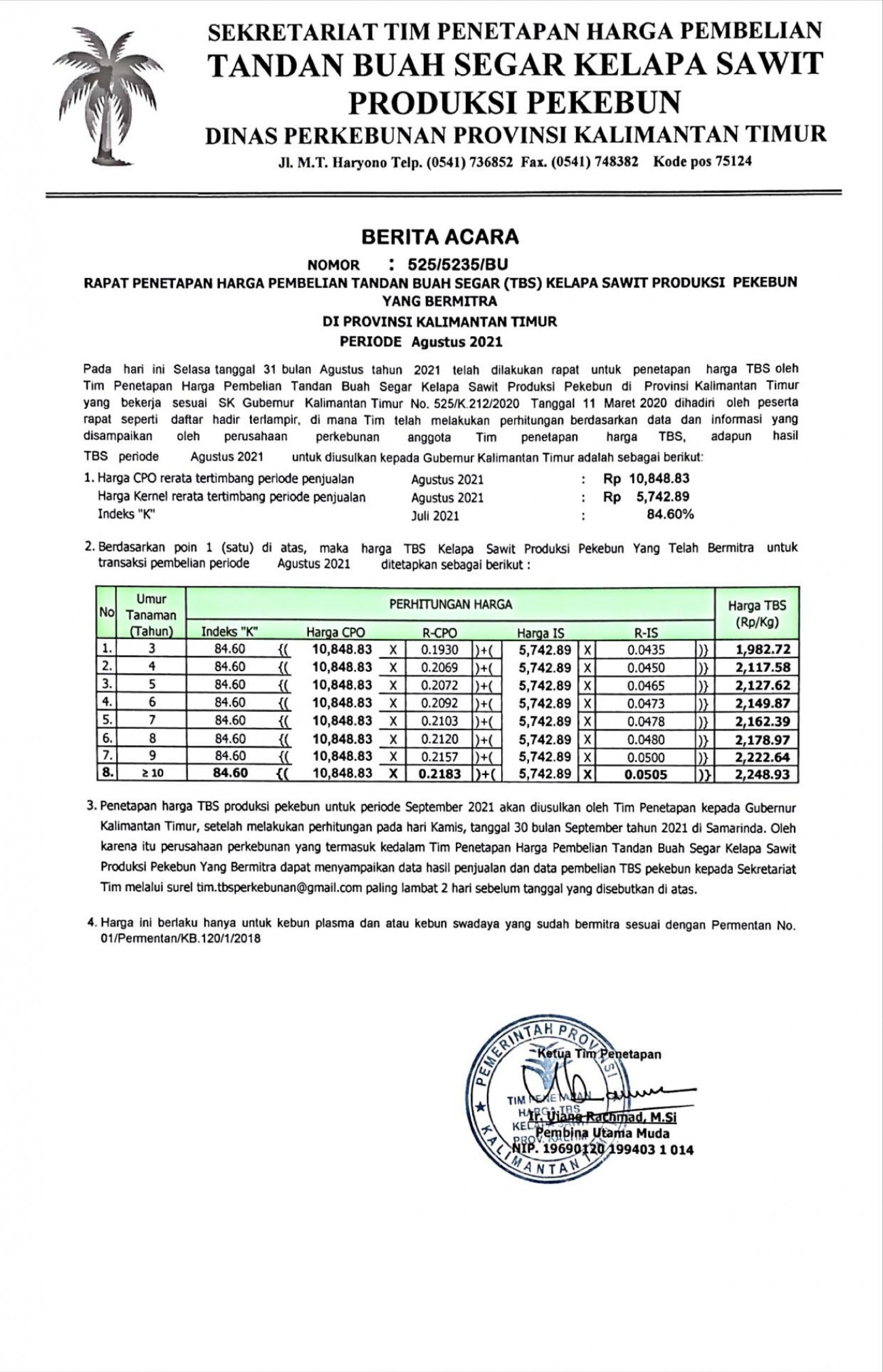 Informasi Harga TBS Kelapa Sawit Bagi Pekebun Bermitra Bulan Agustus 2021