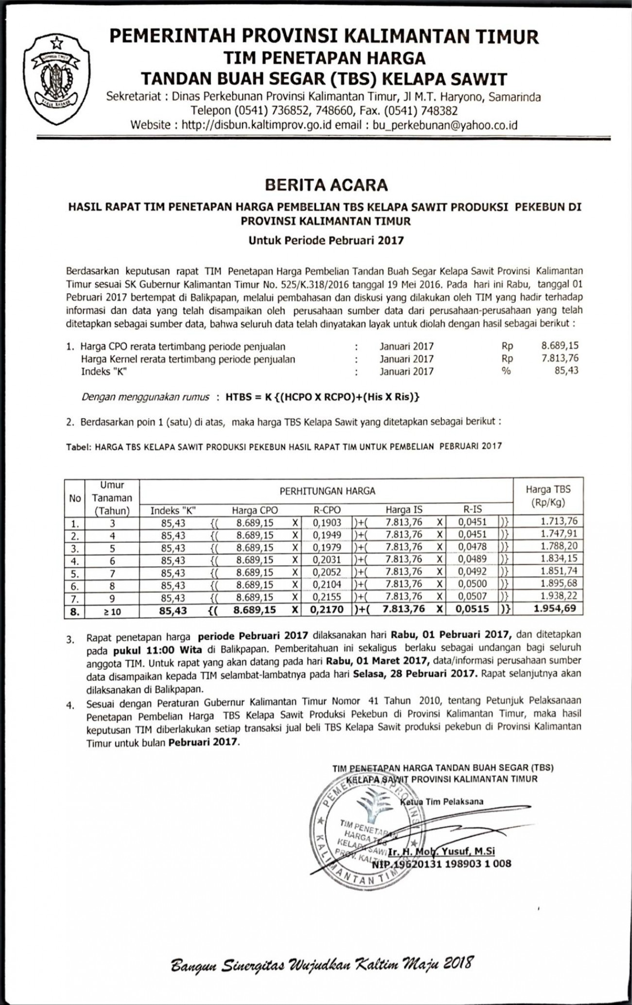 Informasi Harga TBS Kelapa Sawit Bulan Pebruari 2017