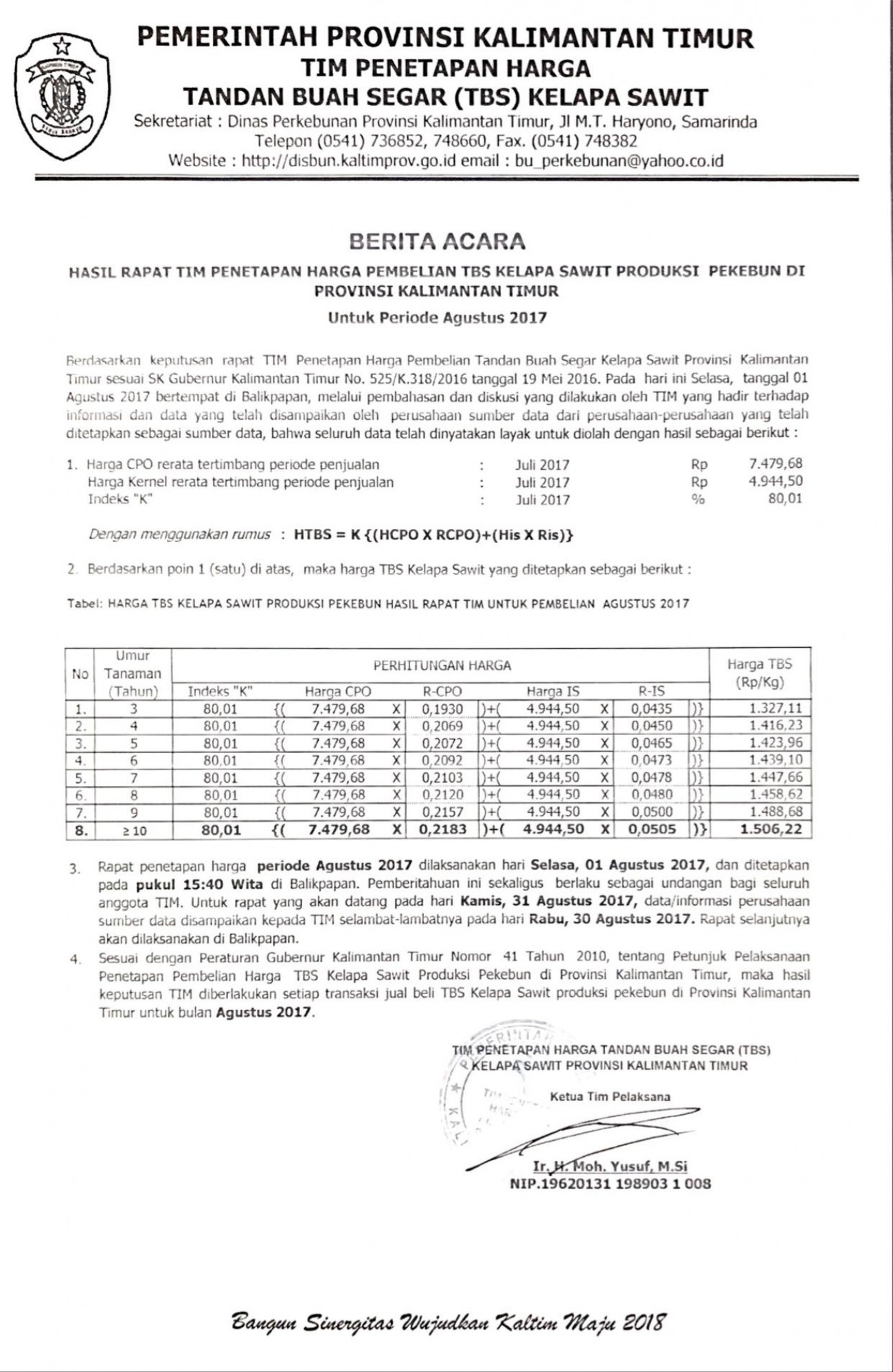 Informasi Harga TBS Kelapa Sawit Bulan Agustus 2017