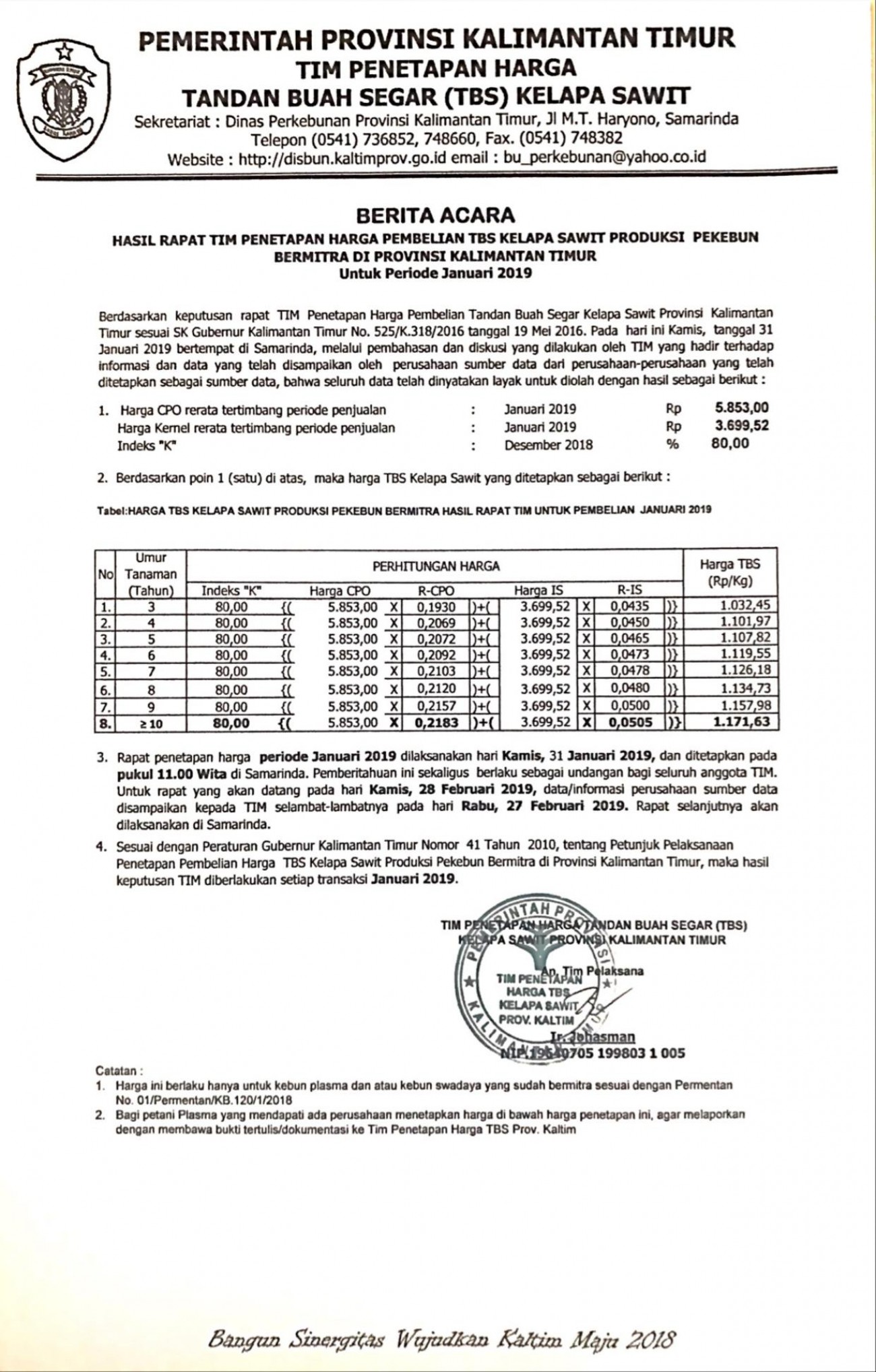  	Informasi Harga TBS Kelapa Sawit Bagi Pekebun Bermitra Bulan Januari 2019