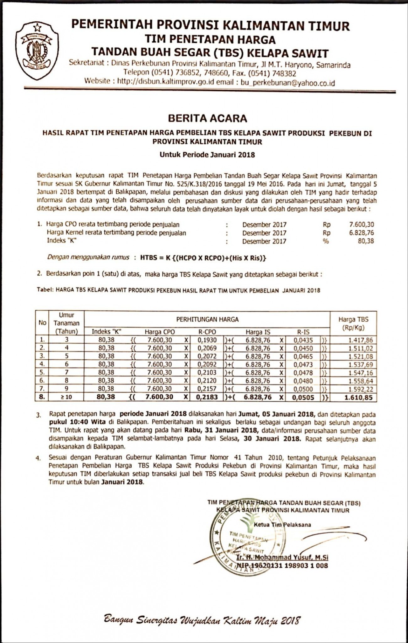 Informasi Harga TBS Kelapa Sawit Bulan Januari 2018